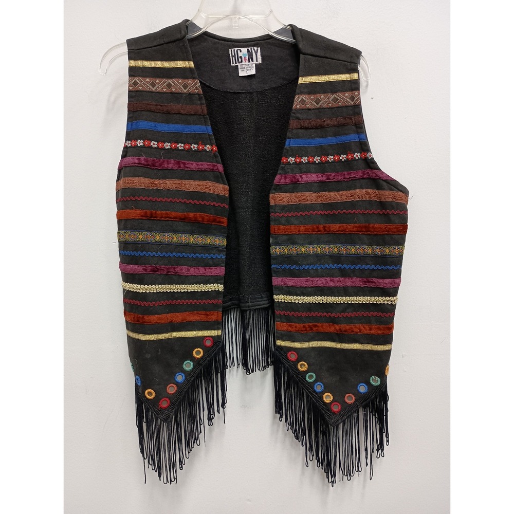 Vintage HG NY Vest Womens Large Black Boho Artsy Fringe Mirror Embroidered